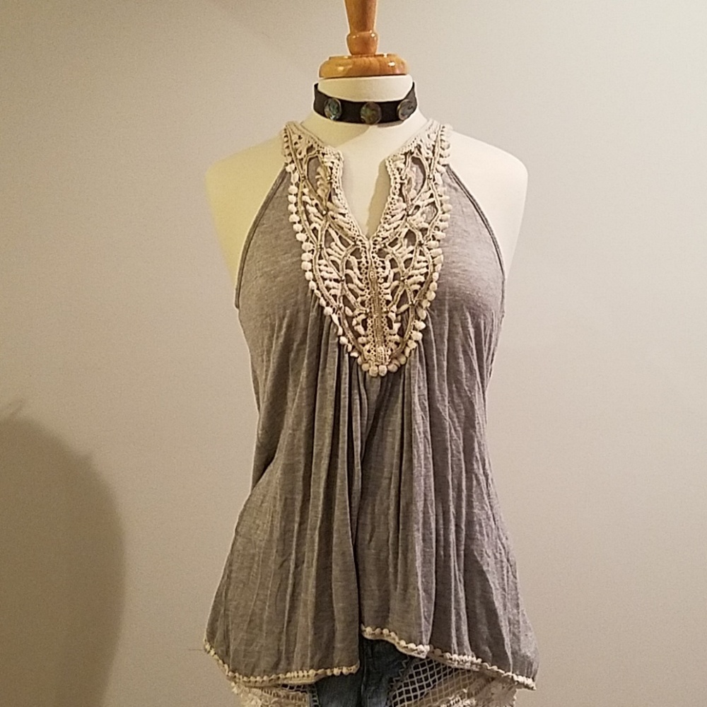 Gray cotton top with studs and beading